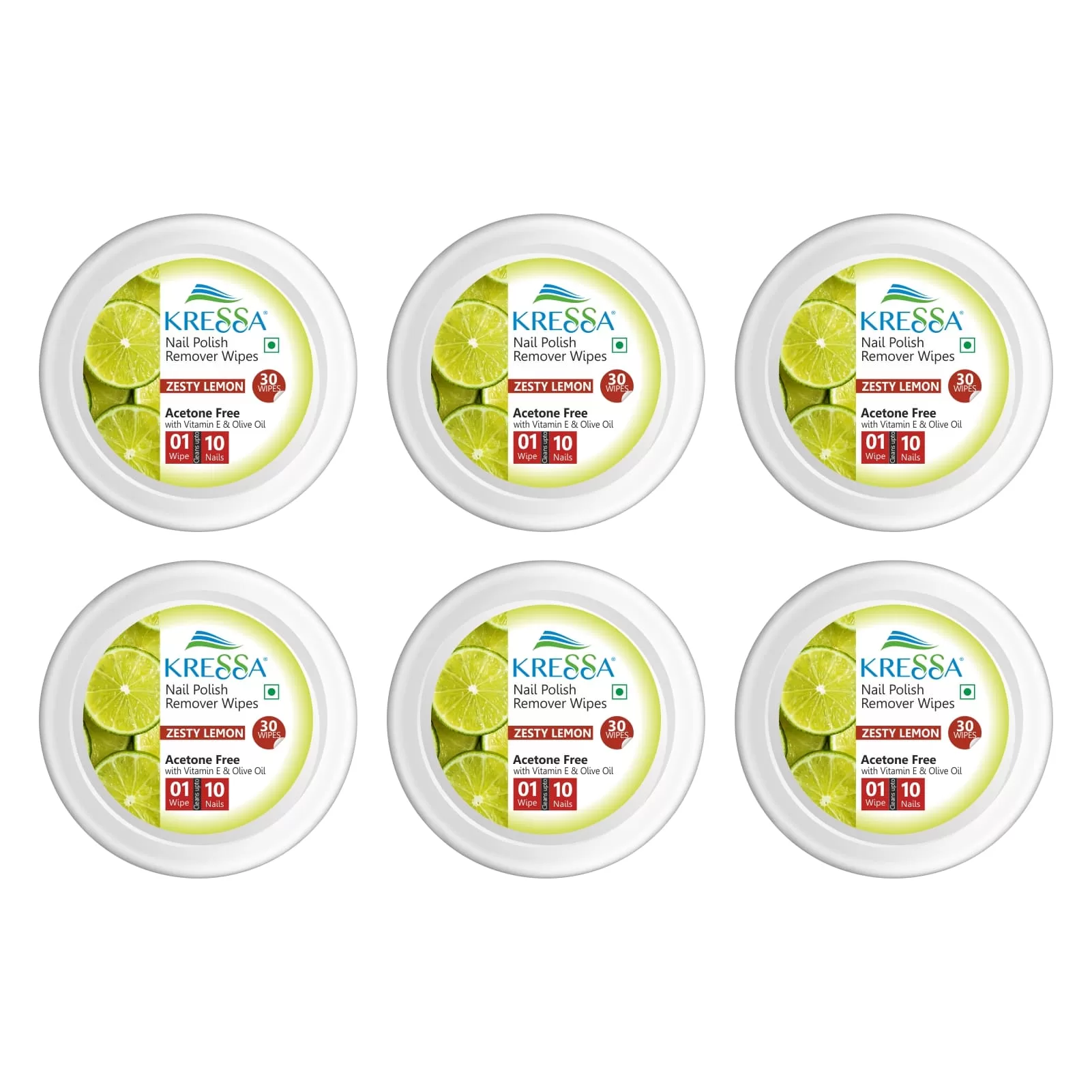 Kressa Nail Polish Remover Wipes | Zesty Lemon (Pack Of 6)