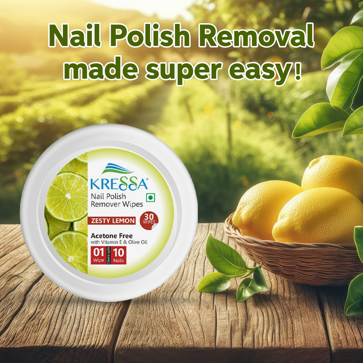 Kressa Nail Polish Remover Wipes | Zesty Lemon (Pack Of 6) - Image 2