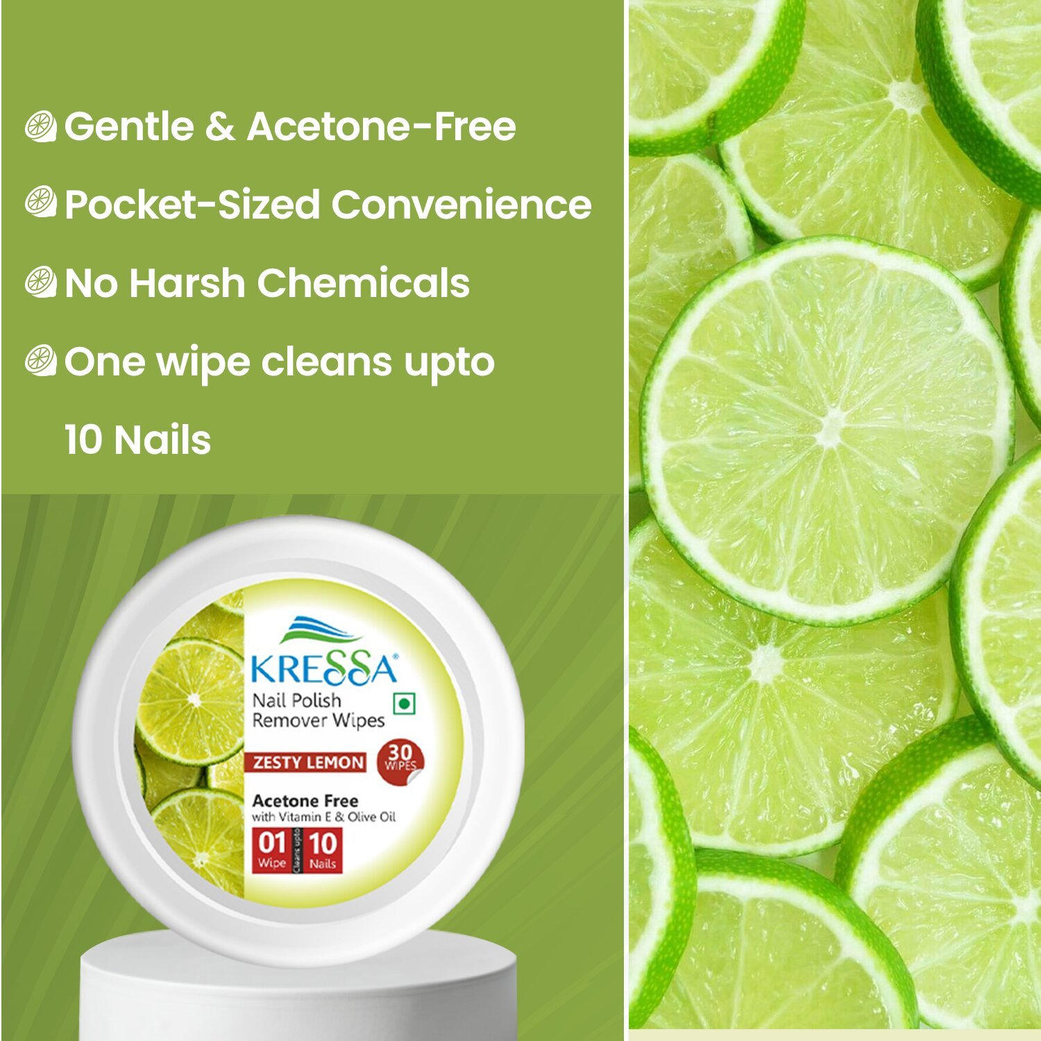 Kressa Nail Polish Remover Wipes | Zesty Lemon (Pack Of 6) - Image 3