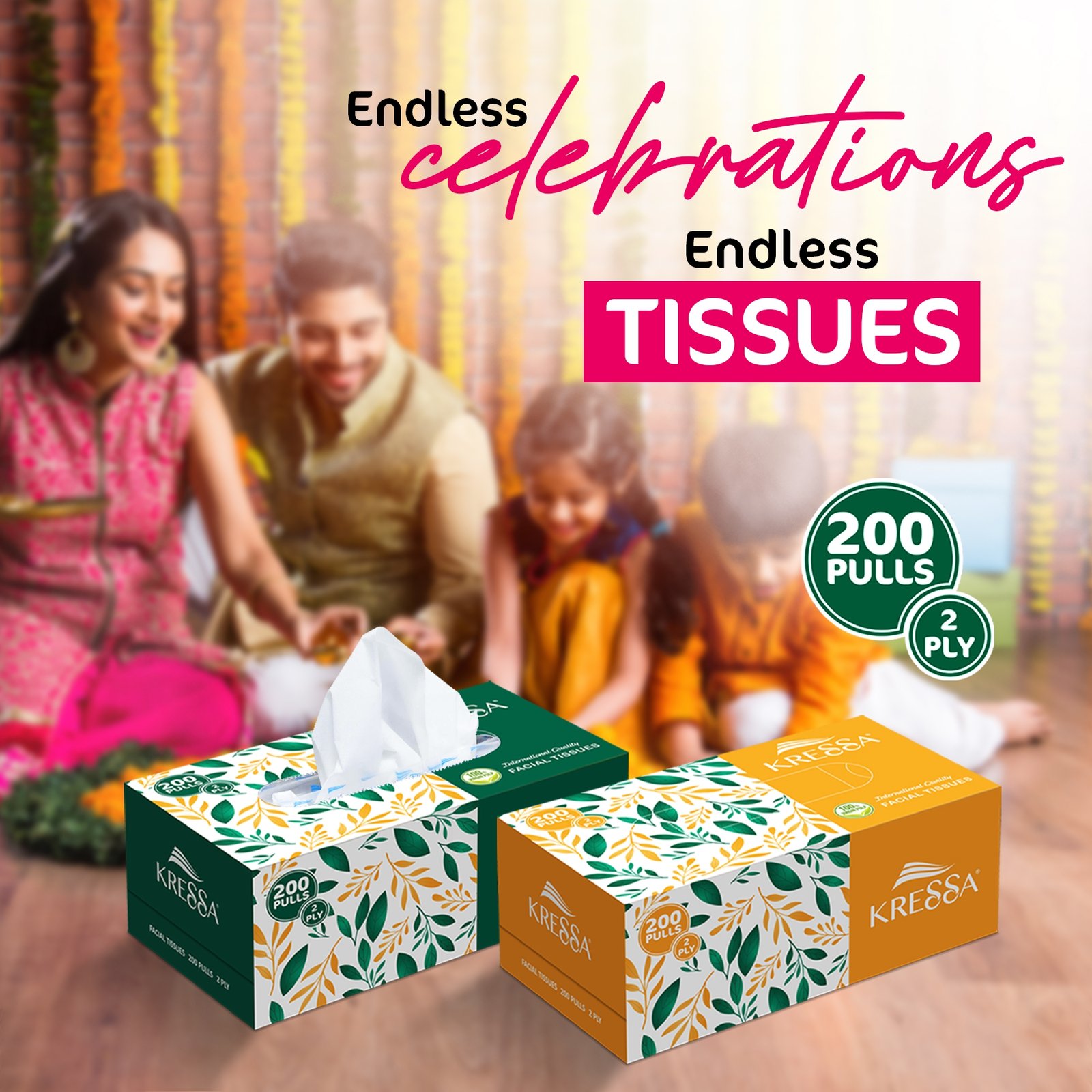 Kressa 2 Ply Face Tissue Box | 200 Pulls Per Box Pack of 3 - Image 3