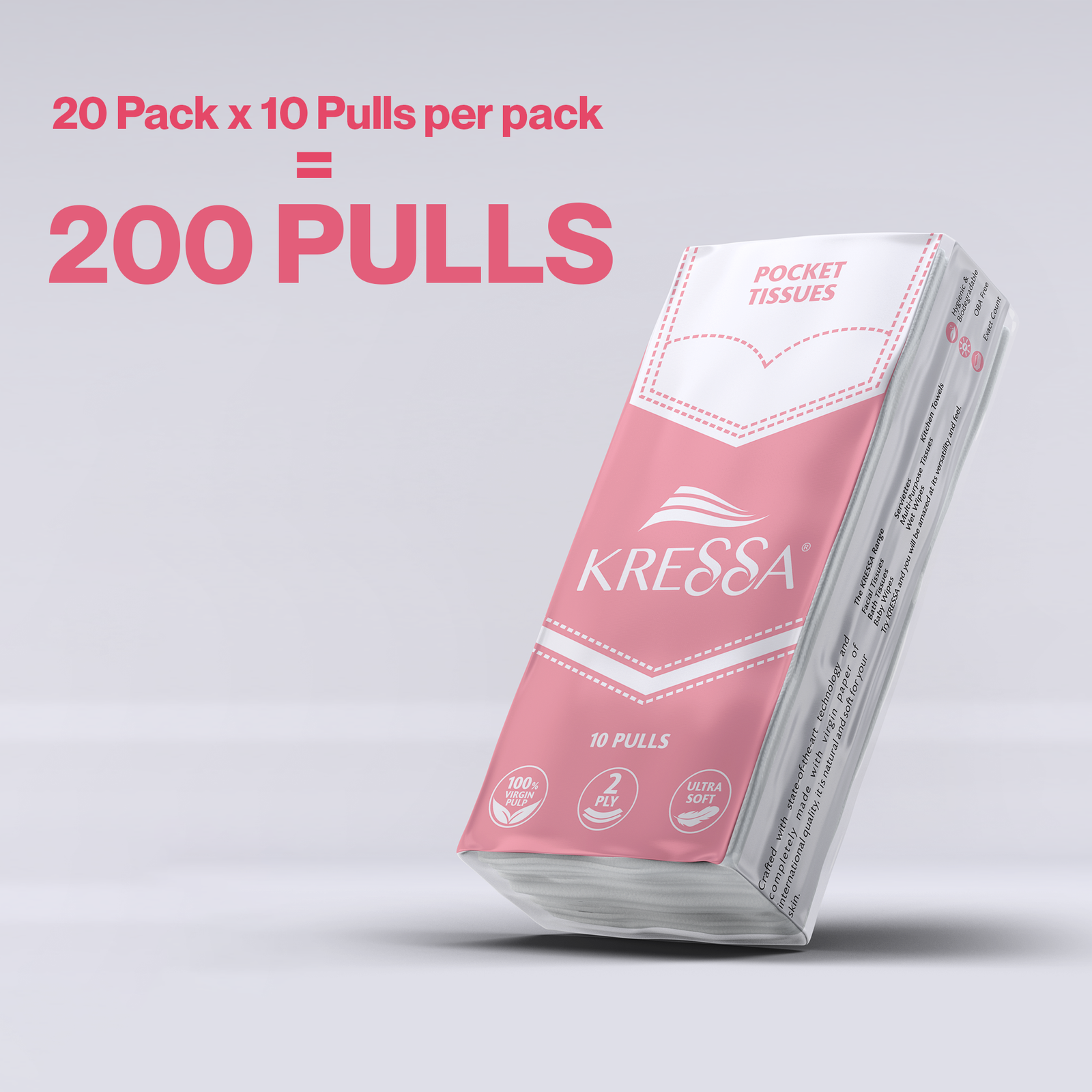 Kressa Facial Pocket Tissue Paper, Pack of 20-200 Ultra-Soft Pulls | 2-Ply, Durable & Travel-Friendly Face & Hand Tissues (20, Pack of 20) - Image 2