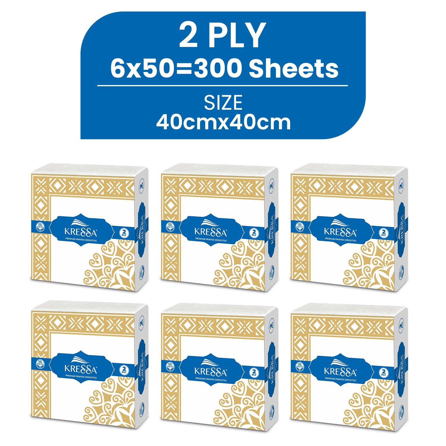 Kressa Premium Printed Napkins 40x40cm | 2-Ply Printed Tissue Paper Napkins - Pack of 6 (300 Sheets) - Image 2
