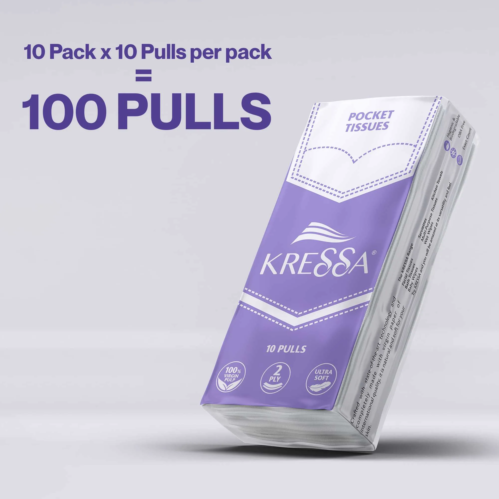 Kressa Facial Pocket Tissue Paper, Pack of 10-100 Ultra-Soft Pulls | 2-Ply, Durable & Travel-Friendly Face & Hand Tissues (10, Pack of 10) - Image 2
