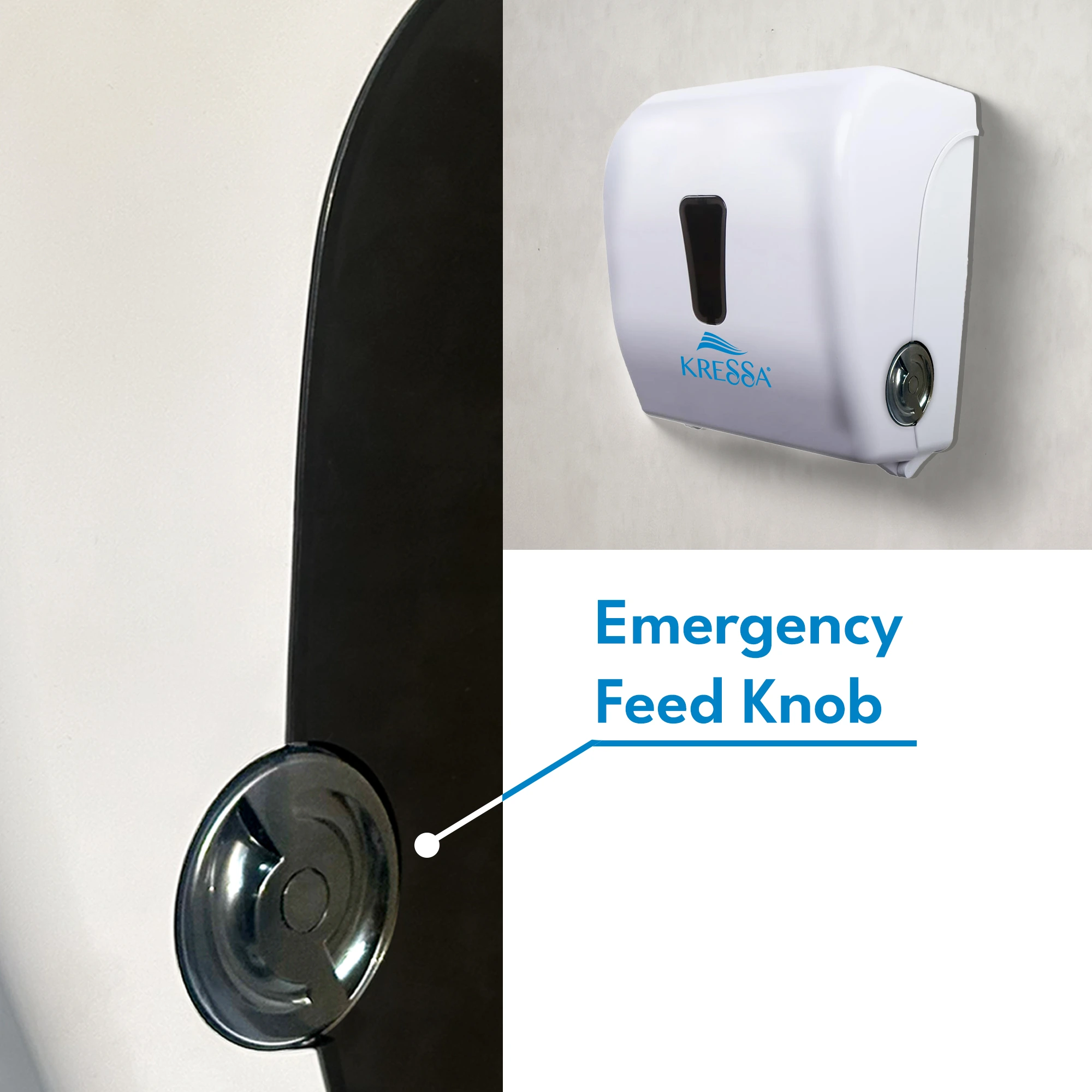 Kressa Autocut Hard Roll Paper Towel Dispenser, Wall Mounted, White, ABS Plastic, 16cm Roll Capacity, Emergency Feed Knob, Visible Window - Image 4