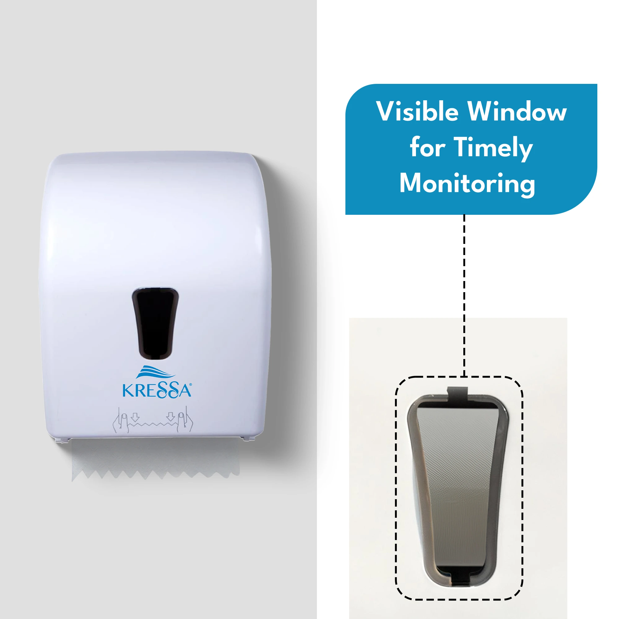 Kressa Autocut Hard Roll Paper Towel Dispenser, Wall Mounted, White, ABS Plastic, 16cm Roll Capacity, Emergency Feed Knob, Visible Window - Image 6