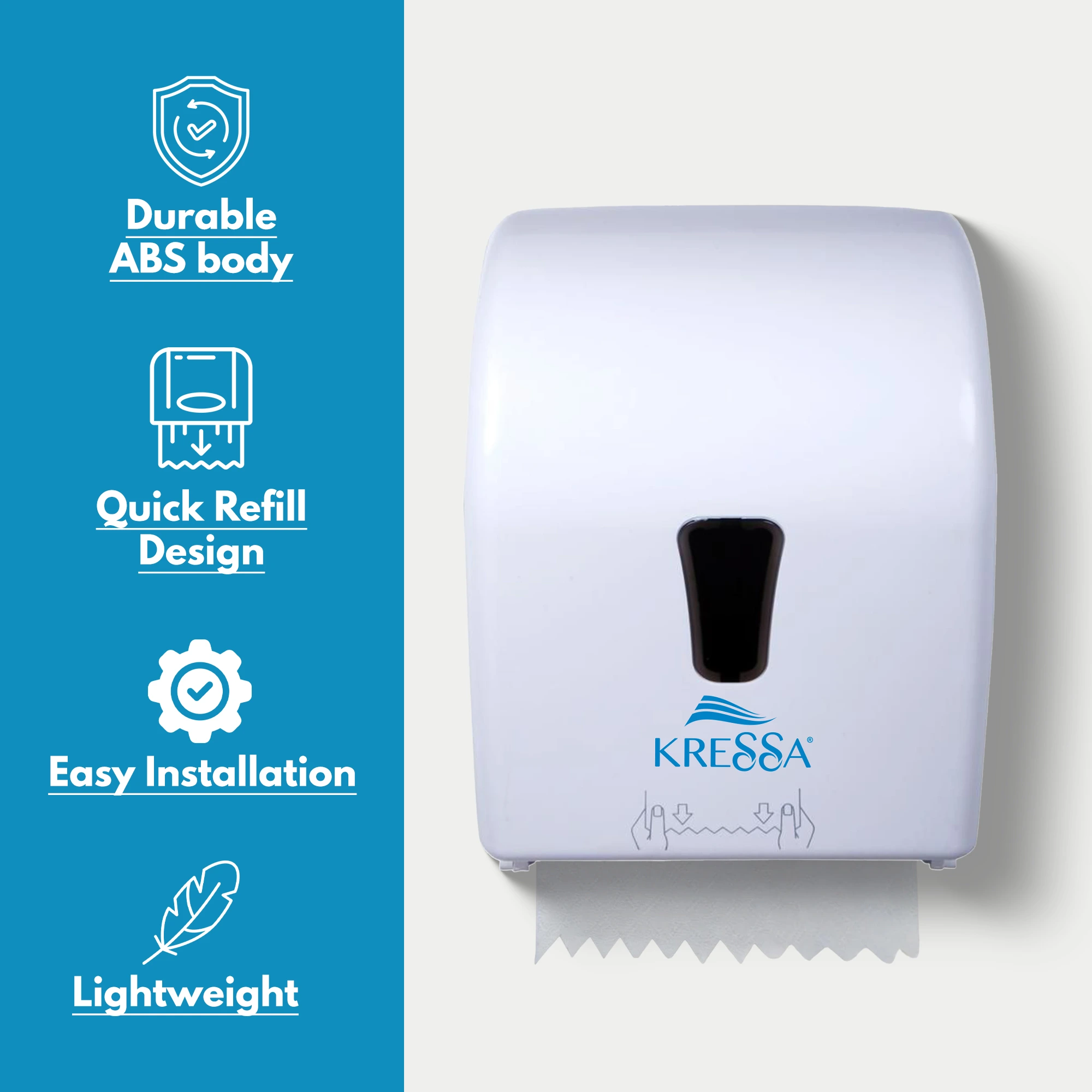 Kressa Autocut Hard Roll Paper Towel Dispenser, Wall Mounted, White, ABS Plastic, 16cm Roll Capacity, Emergency Feed Knob, Visible Window - Image 7