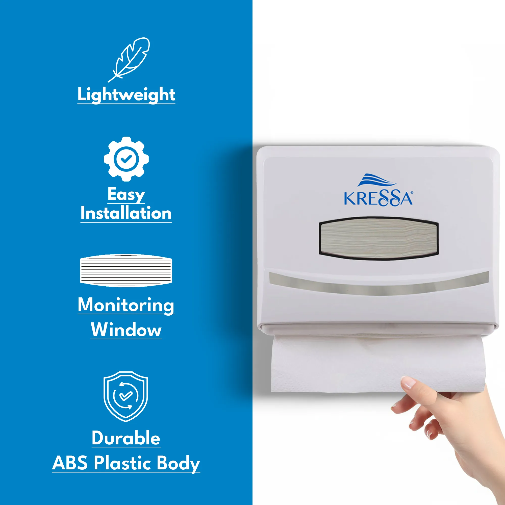 Kressa Wall-Mounted Multi V-Fold Paper Hand Towel Dispenser, White, ABS Plastic, Large Capacity, Water-Resistant, Durable - Image 6