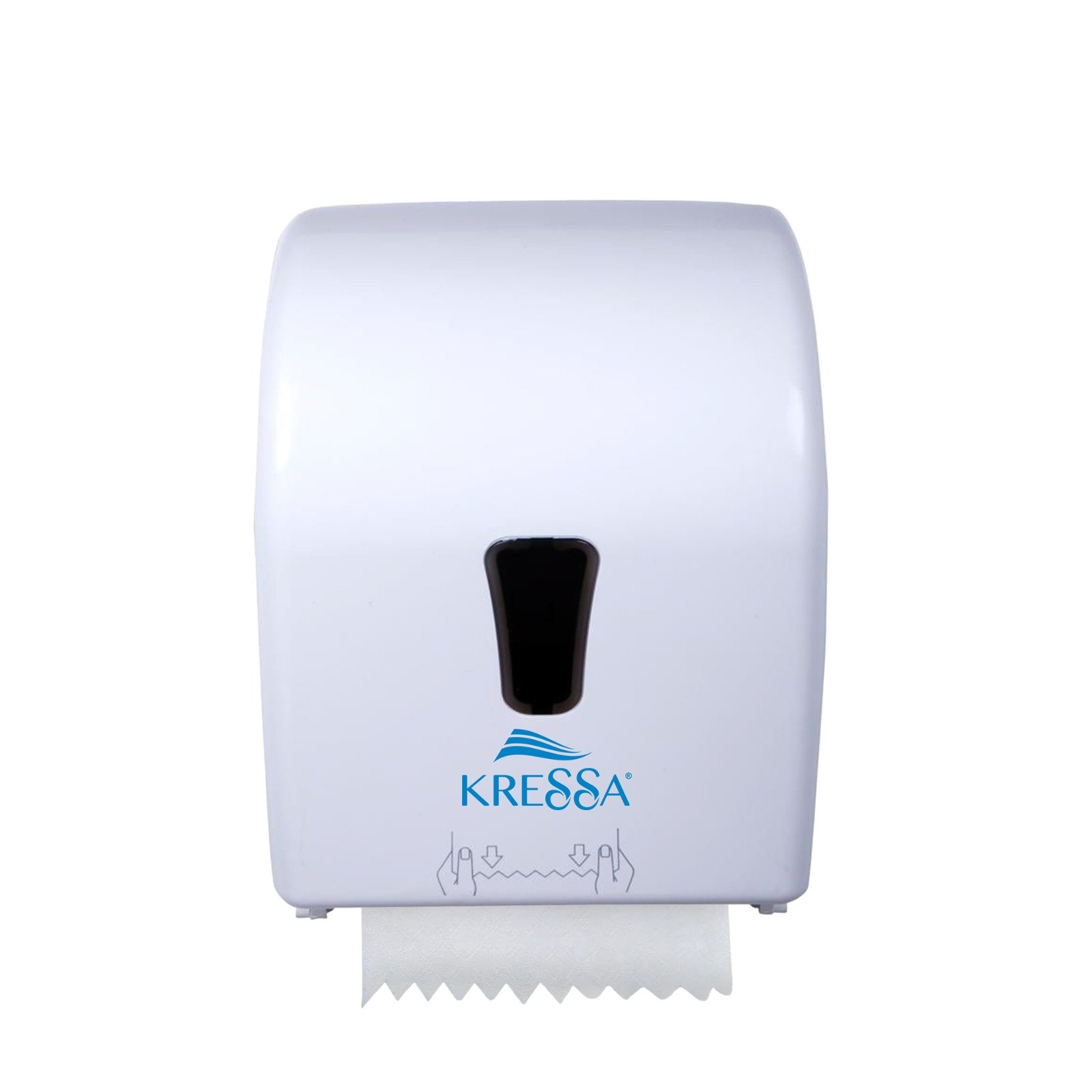 Kressa Autocut Hard Roll Paper Towel Dispenser, Wall Mounted, White, ABS Plastic, 16cm Roll Capacity, Emergency Feed Knob, Visible Window