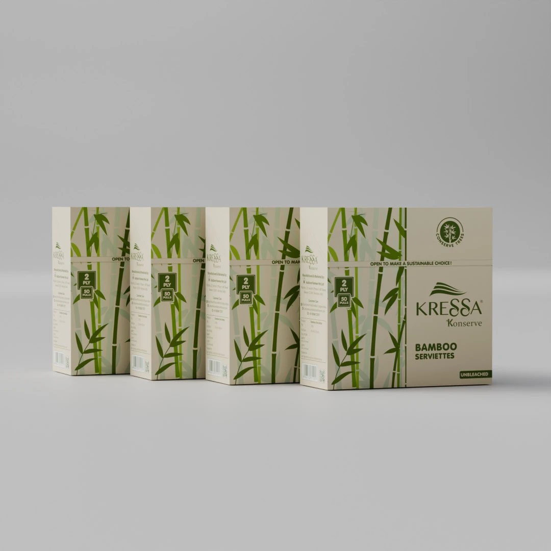 Kressa Konserve Bamboo Napkins | 2-Ply, 50 Pulls | Eco-Friendly, Unbleached, Food Safe (Pack of 4)